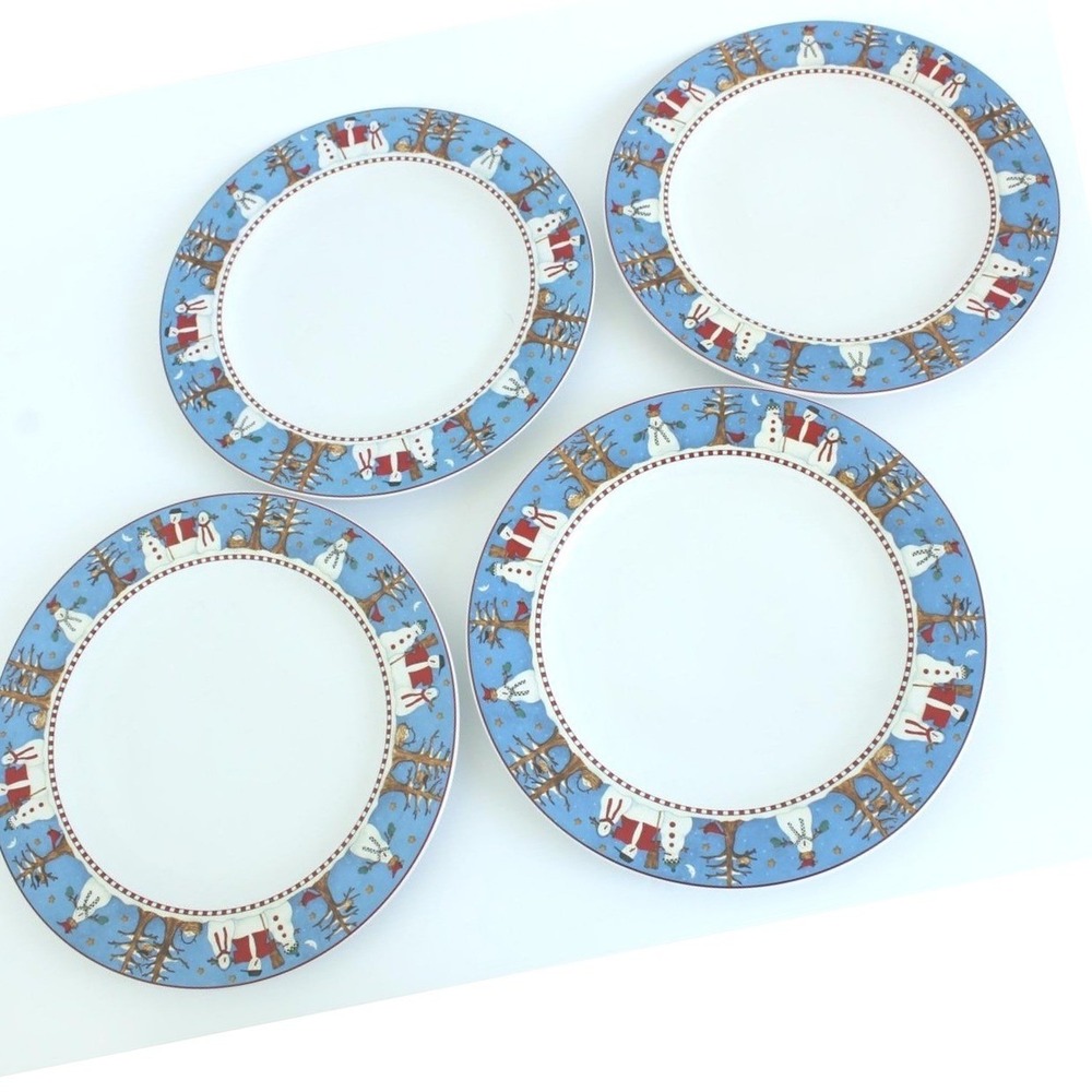 Sakura Debbie Mumm Snowman Dinner Plates Stoneware Blue White Set of 4 11.25" - Picture 2 of 8